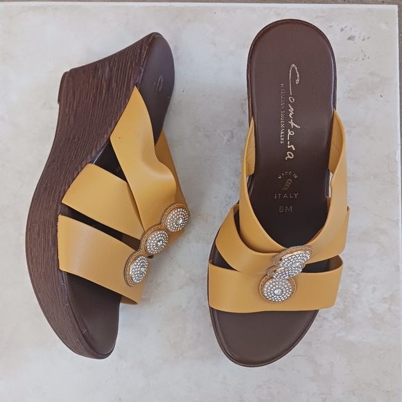 Italian Shoemakers Yellow Wedge Sandals – Size 6M, Made in Italy, Rhinestone Det - Picture 2 of 10